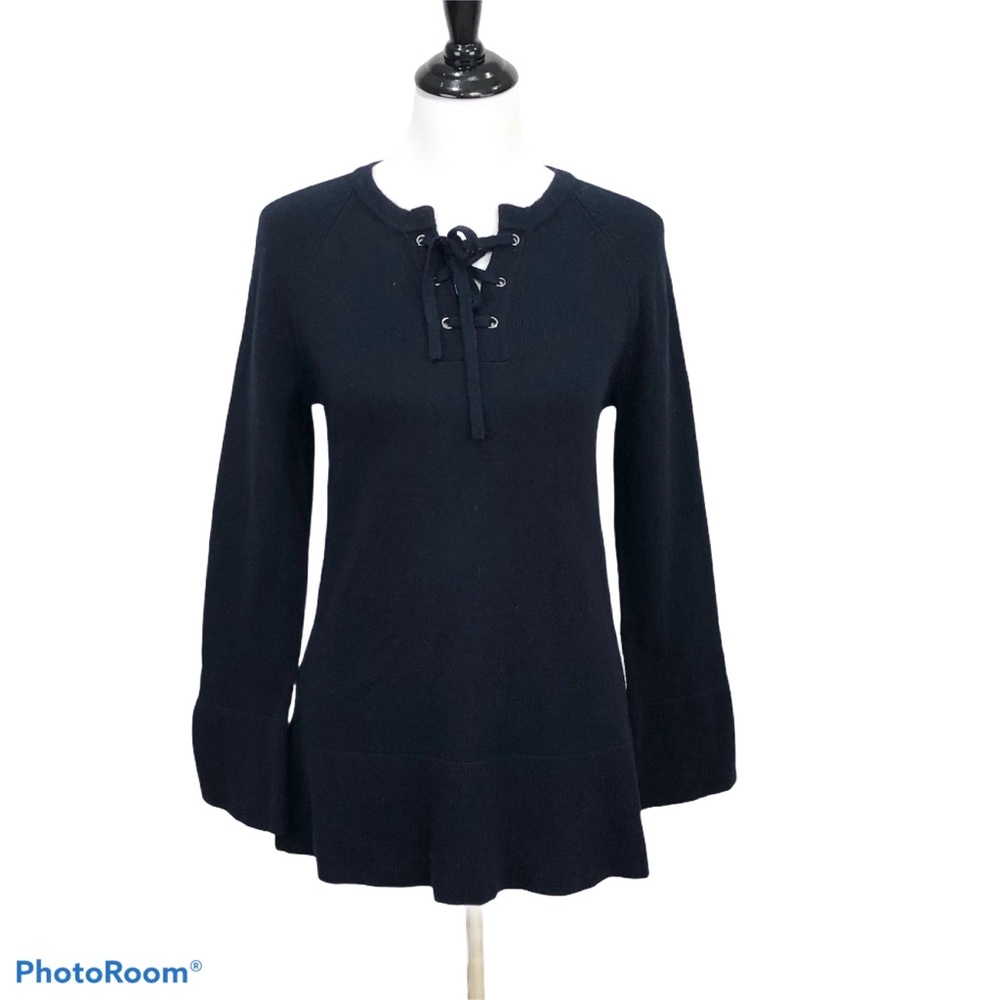 Loft bell sleeve V split neck with lace up placket navy sweater top